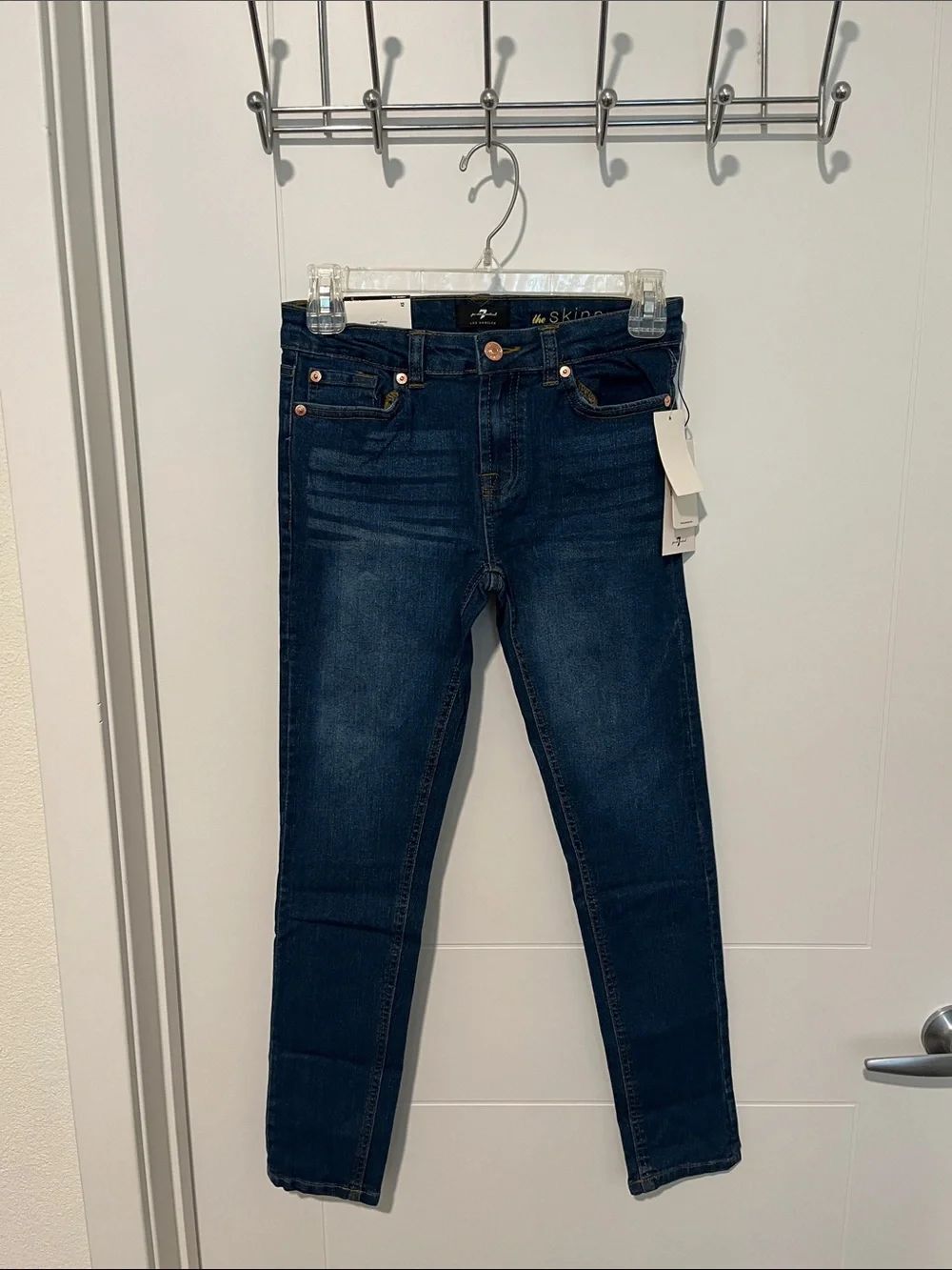 7 For All Mankind The Skinny Super Skinny Blue Distressed Denim Pockets Jeans